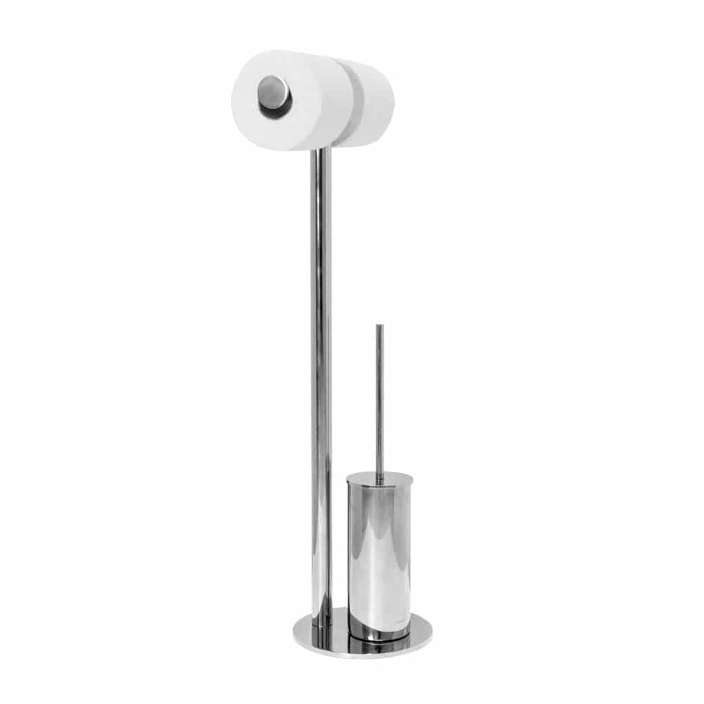 Polished stainless steel round double toilet roll and brush stand Handles Inc