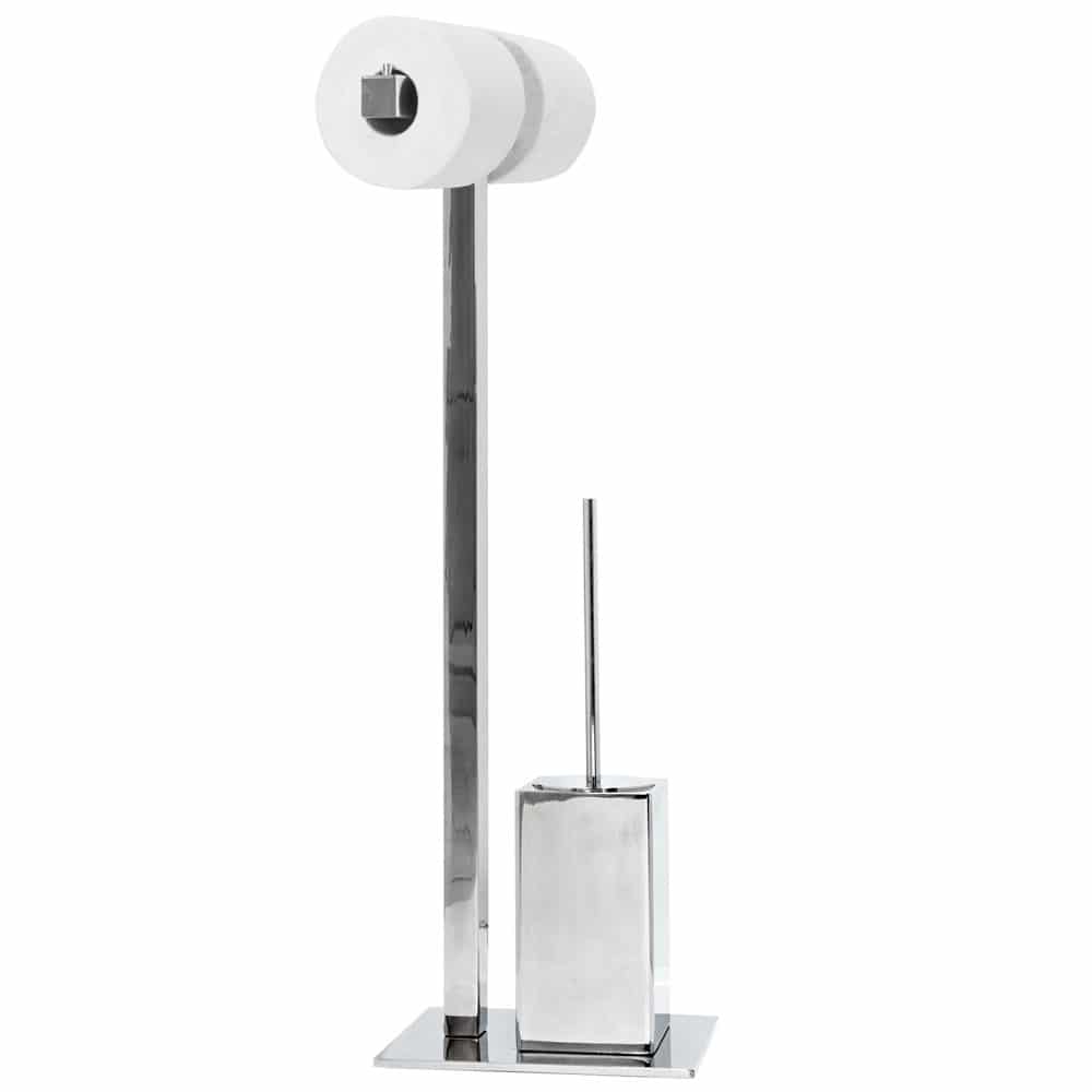Polished stainless steel square double toilet roll and brush stand Handles Inc