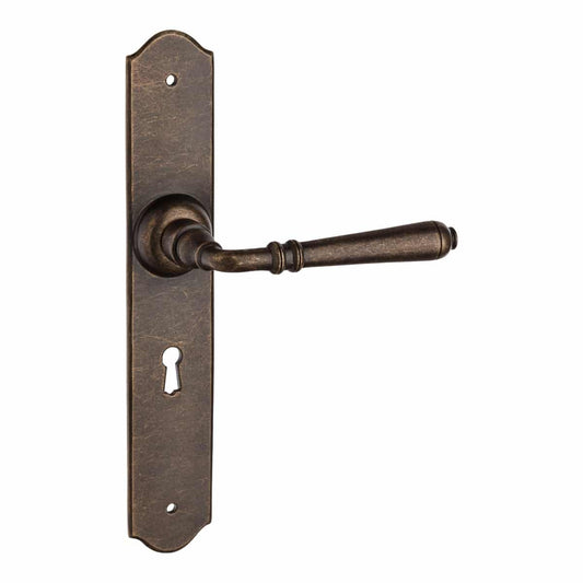 antique brass lever handle on backplate handles inc