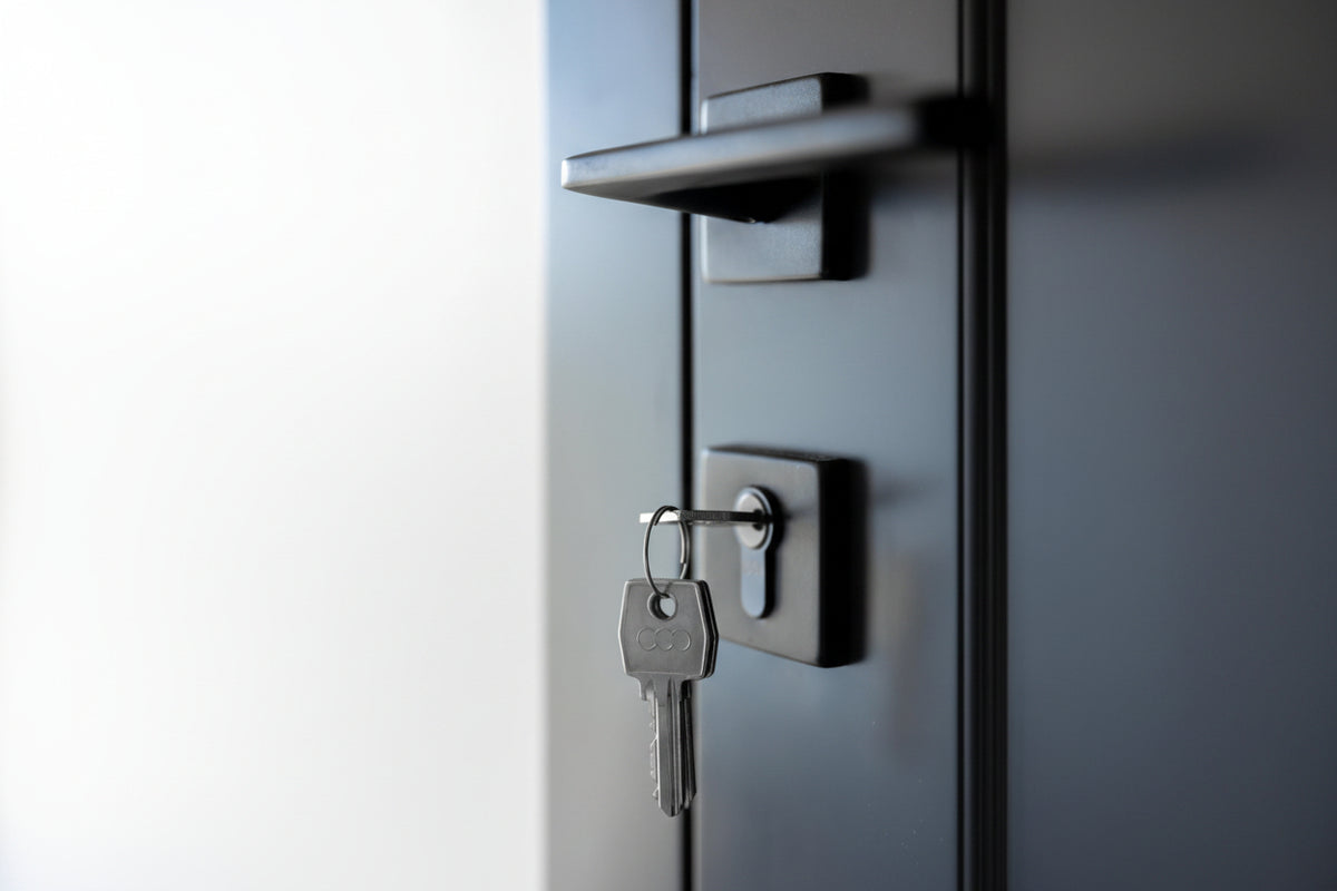 Close-up of a modern dark gray door with a sleek horizontal handle, a matching lock cylinder, and a key inserted, photographed against a softly blurred light background.
